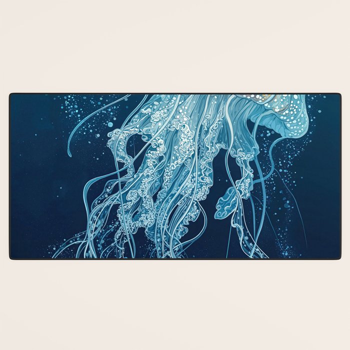 Japandi Wall Art Jellyfish Painting Blue Maximalist Japanese Wall Art Ocean White and Blue Poster Desk Mat Gallery Image 3