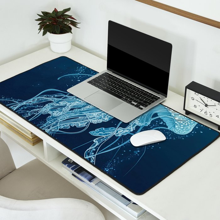 Japandi Wall Art Jellyfish Painting Blue Maximalist Japanese Wall Art Ocean White and Blue Poster Desk Mat Gallery Image 2