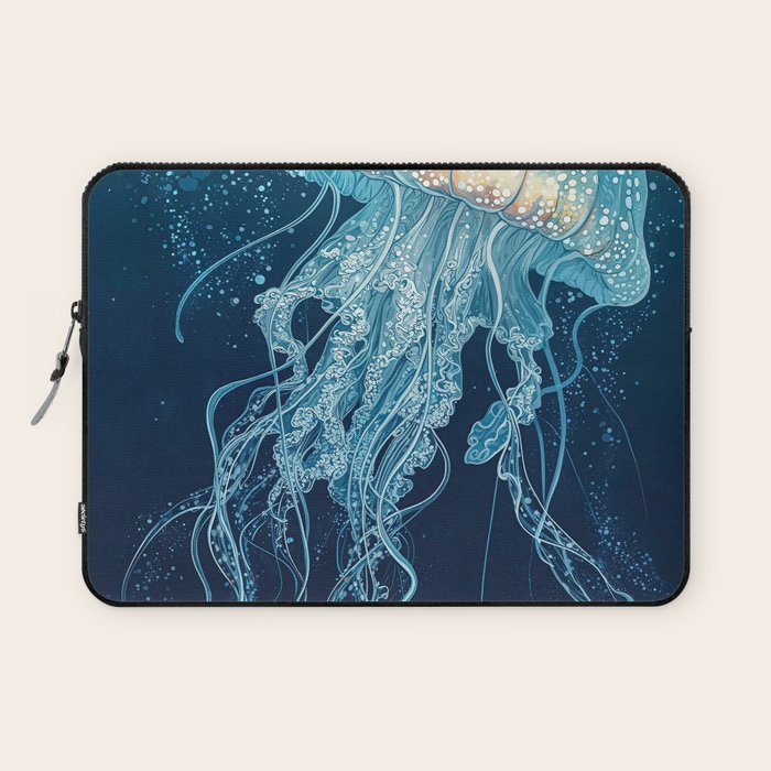 Japandi Wall Art Jellyfish Painting Blue Maximalist Japanese Wall Art Ocean White and Blue Poster Laptop Sleeve Gallery Image 1