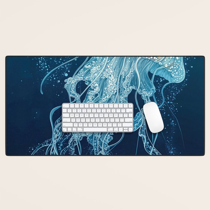 Japandi Wall Art Jellyfish Painting Blue Maximalist Japanese Wall Art Ocean White and Blue Poster Desk Mat Gallery Image 1
