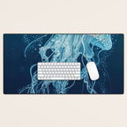 Japandi Wall Art Jellyfish Painting Blue Maximalist Japanese Wall Art Ocean White and Blue Poster Desk Mat Gallery Image 1