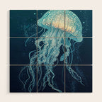 Japandi Wall Art Jellyfish Painting Blue Maximalist Japanese Wall Art Ocean White and Blue Poster Wood Wall Art Gallery Image 1