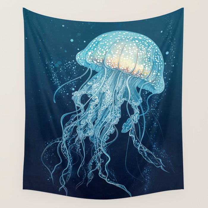 Japandi Wall Art Jellyfish Painting Blue Maximalist Japanese Wall Art Ocean White and Blue Poster Wall Tapestry Gallery Image 1