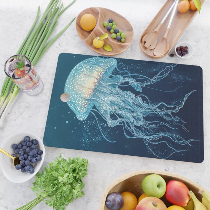 Japandi Wall Art Jellyfish Painting Blue Maximalist Japanese Wall Art Ocean White and Blue Poster Cutting Board Gallery Image 2