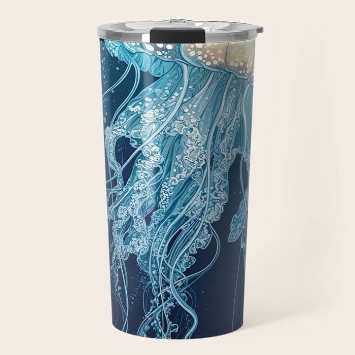 Japandi Wall Art Jellyfish Painting Blue Maximalist Japanese Wall Art Ocean White and Blue Poster Travel Mug Gallery Image 1