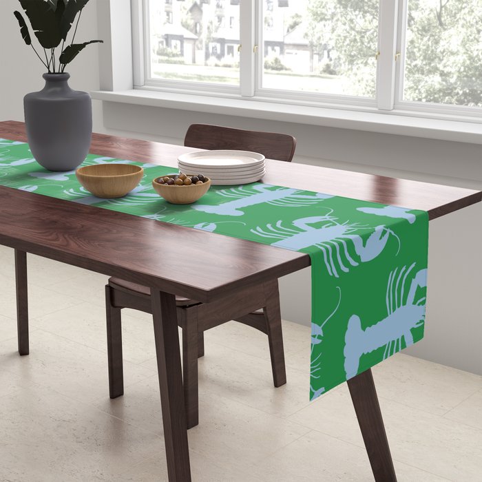 Coastal Pop Lobster Pattern in Bold Green and Light Blue Table Runner Gallery Image 2