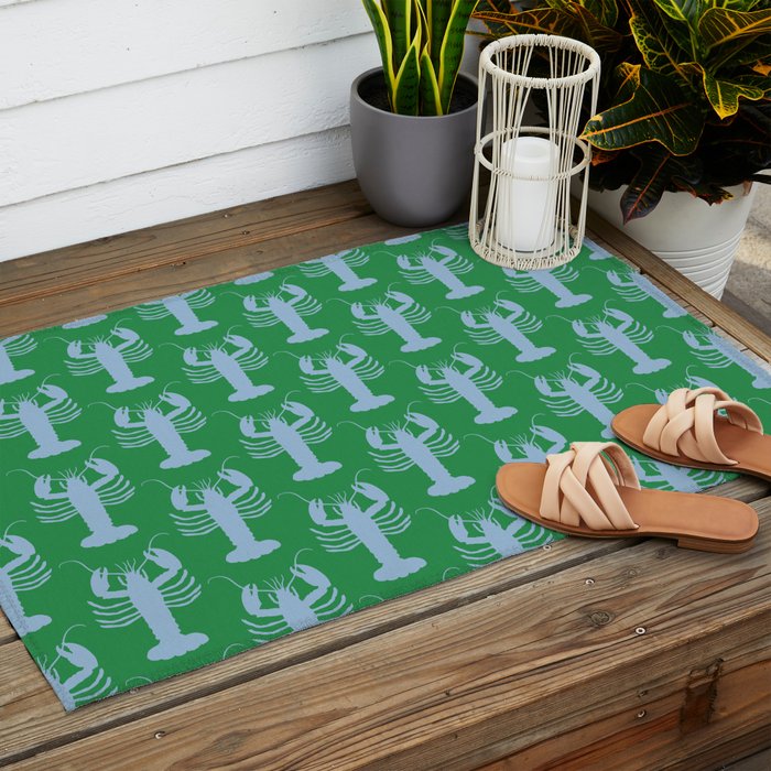 Coastal Pop Lobster Pattern in Bold Green and Light Blue Outdoor Rug Gallery Image 2