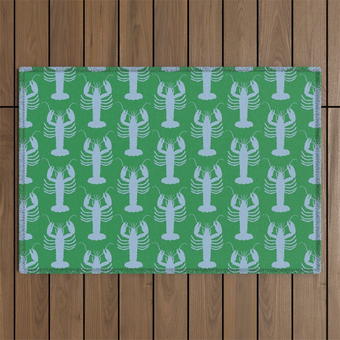 Coastal Pop Lobster Pattern in Bold Green and Light Blue Outdoor Rug Gallery Image 1