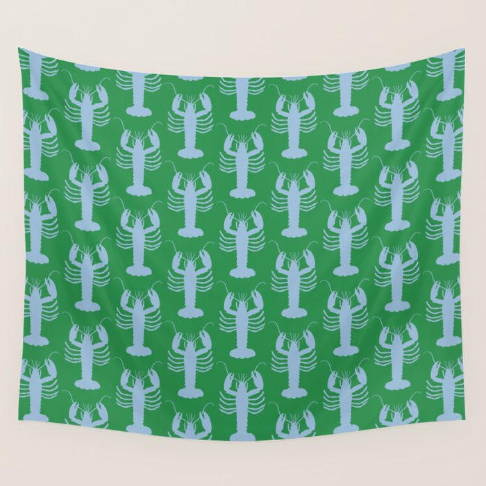 Coastal Pop Lobster Pattern in Bold Green and Light Blue Wall Tapestry Gallery Image 1