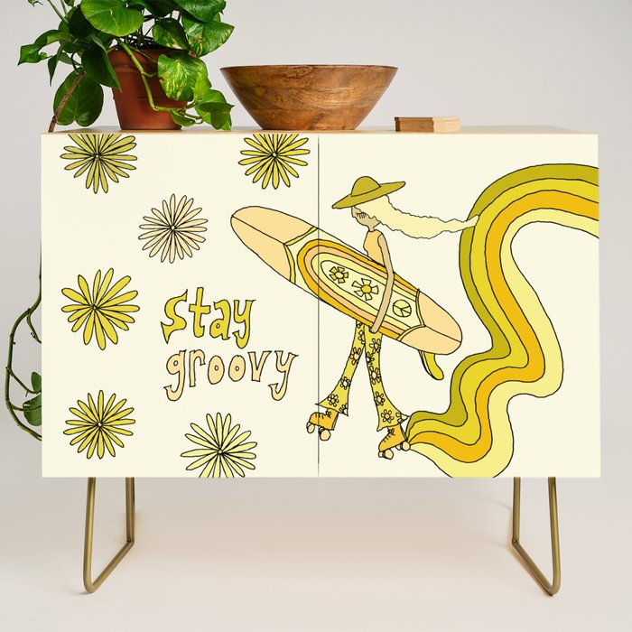 stay groovy rollerskate // retro surf art by surfy birdy Credenza Gallery Image 1