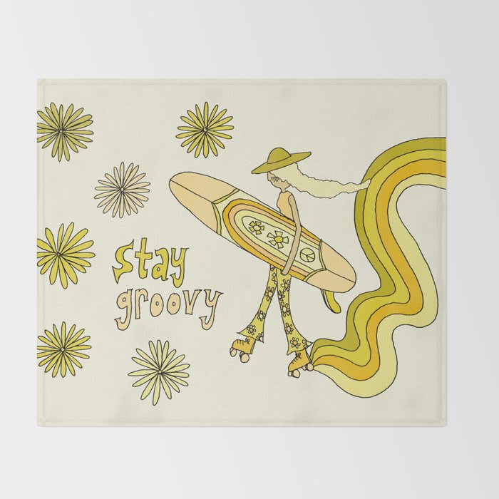 stay groovy rollerskate // retro surf art by surfy birdy Throw Blanket Gallery Image 2