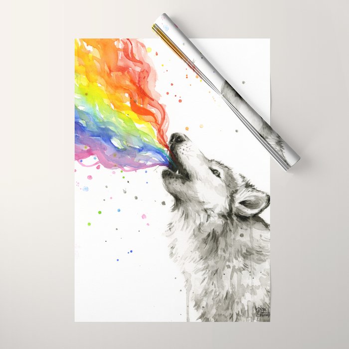 Wolf Howling Rainbow Watercolor Wrapping Paper Gallery Image 1