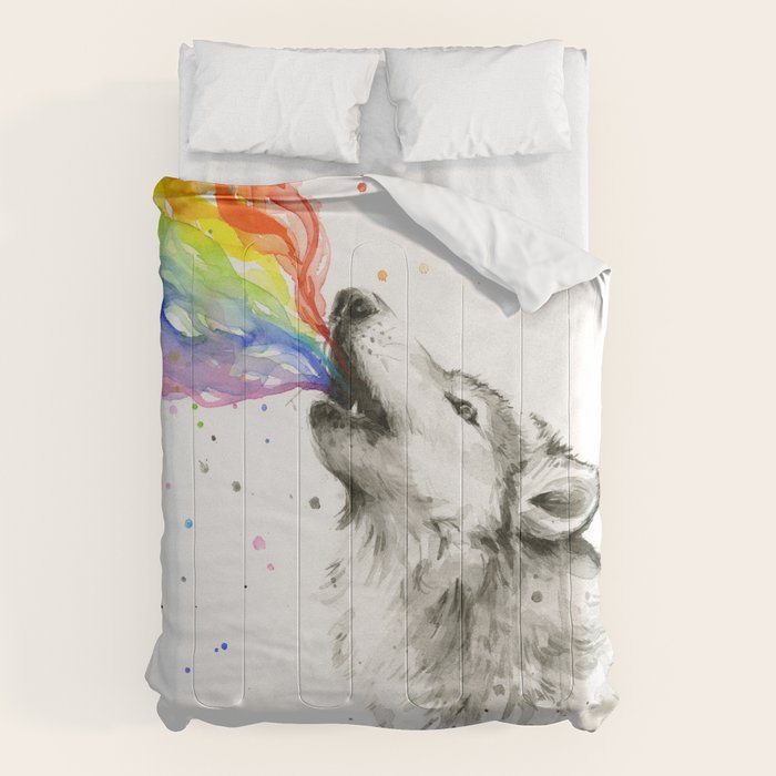 Wolf Howling Rainbow Watercolor Comforter Gallery Image 6
