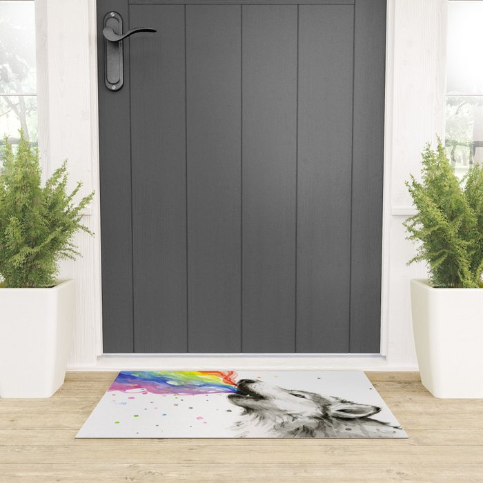 Wolf Howling Rainbow Watercolor Welcome Mat Gallery Image 3