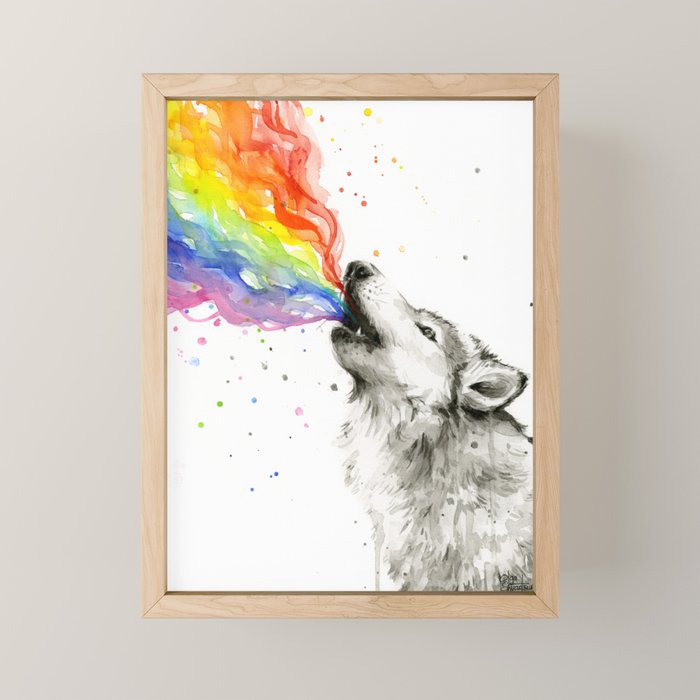 Wolf Howling Rainbow Watercolor Mini Art Print Gallery Image 1