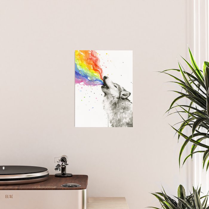 Wolf Howling Rainbow Watercolor Poster Gallery Image 2