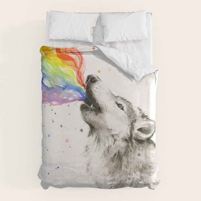 Wolf Howling Rainbow Watercolor Duvet Cover Gallery Image 6