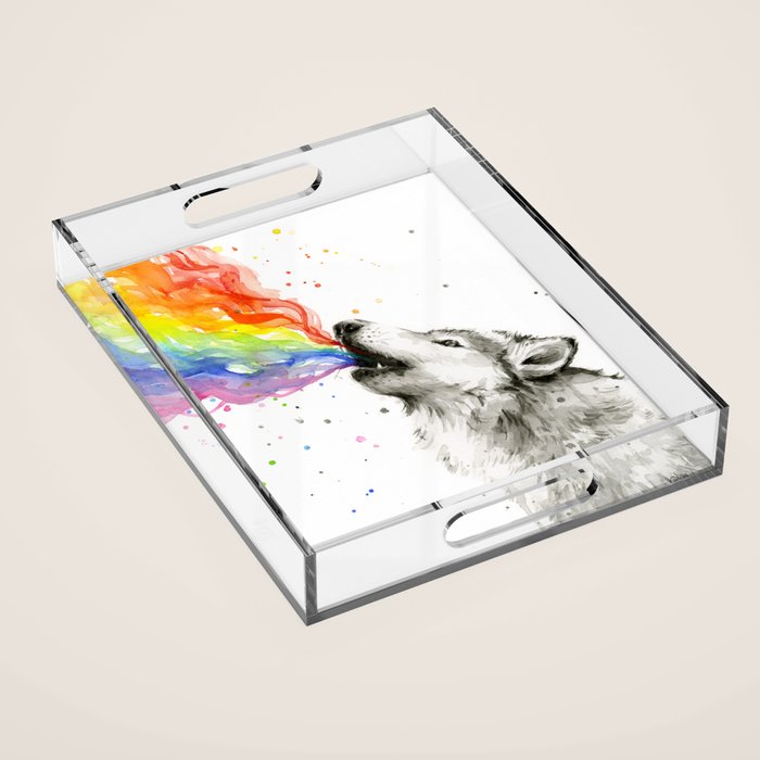 Wolf Howling Rainbow Watercolor Acrylic Tray Gallery Image 1