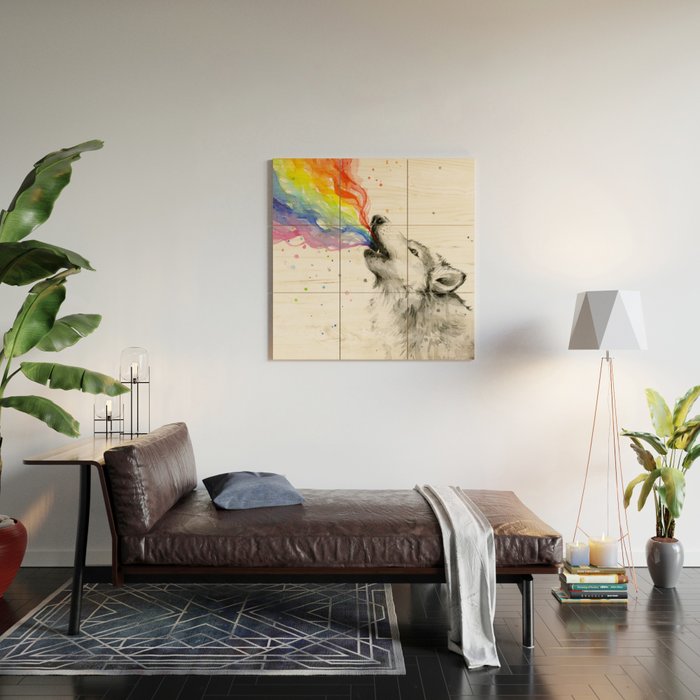 Wolf Howling Rainbow Watercolor Wood Wall Art Gallery Image 2