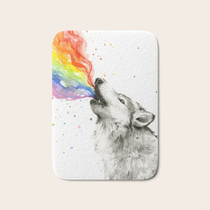 Wolf Howling Rainbow Watercolor Bath Mat Gallery Image 1