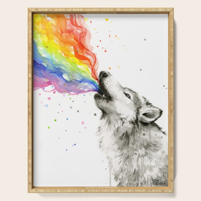 Wolf Howling Rainbow Watercolor Serving Tray Gallery Image 1