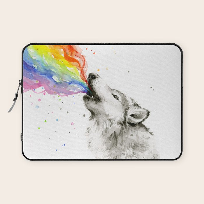 Wolf Howling Rainbow Watercolor Laptop Sleeve Gallery Image 1