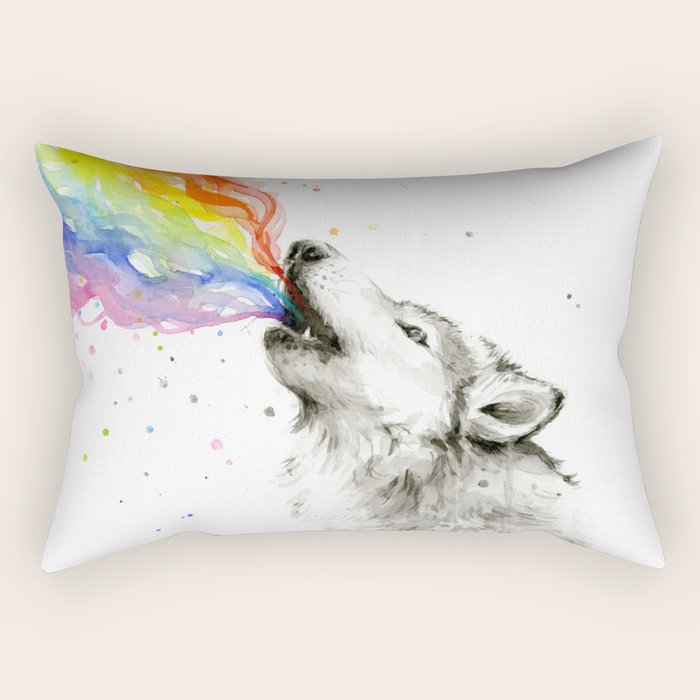 Wolf Howling Rainbow Watercolor Rectangular Pillow Gallery Image 1