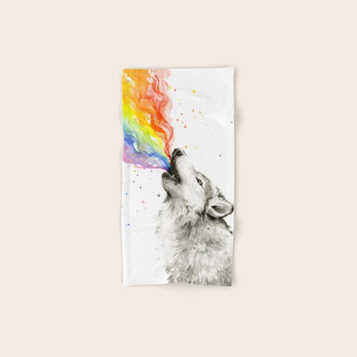 Wolf Howling Rainbow Watercolor Bath Towel Gallery Image 1
