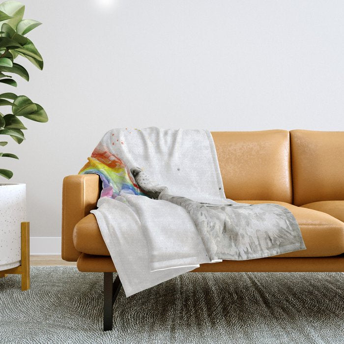 Wolf Howling Rainbow Watercolor Throw Blanket Gallery Image 1