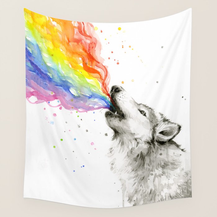 Wolf Howling Rainbow Watercolor Wall Tapestry Gallery Image 1