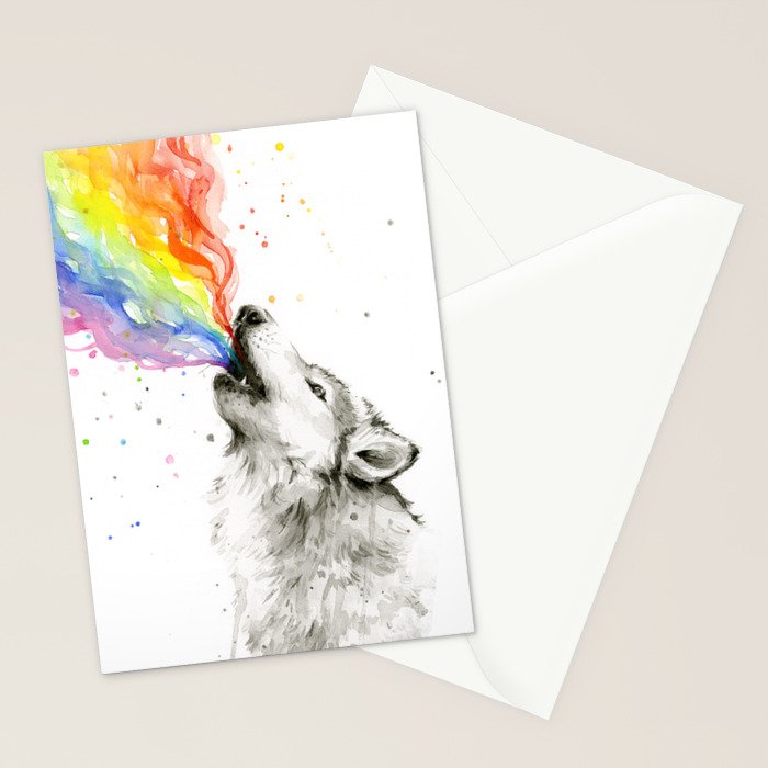 Wolf Howling Rainbow Watercolor Stationery Card Gallery Image 2