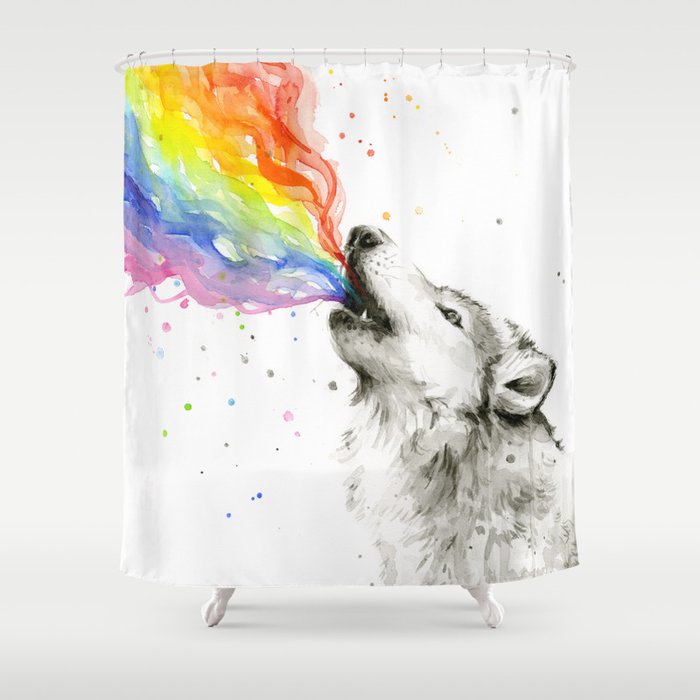 Wolf Howling Rainbow Watercolor Shower Curtain Gallery Image 1