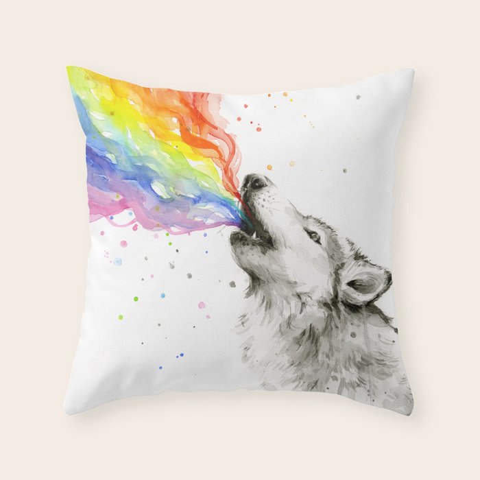 Wolf Howling Rainbow Watercolor Throw Pillow Gallery Image 1