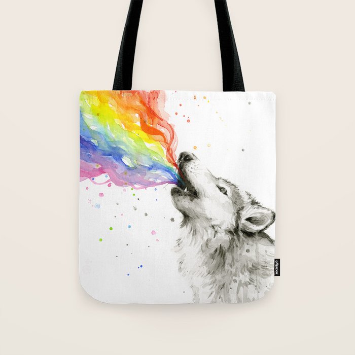 Wolf Howling Rainbow Watercolor Tote Bag Gallery Image 1