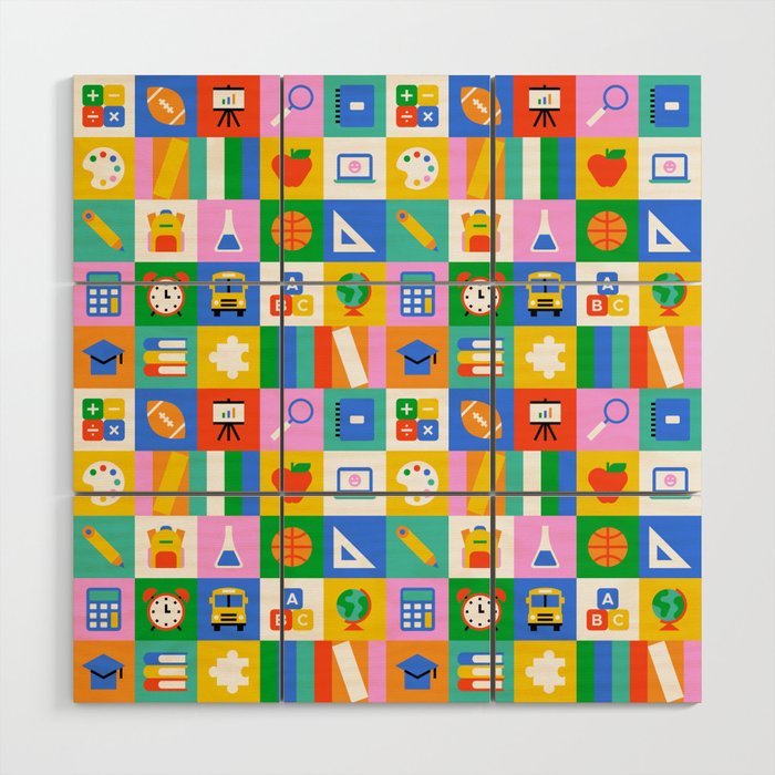 Colorful back to school geometric mosaic pattern Wood Wall Art Gallery Image 1