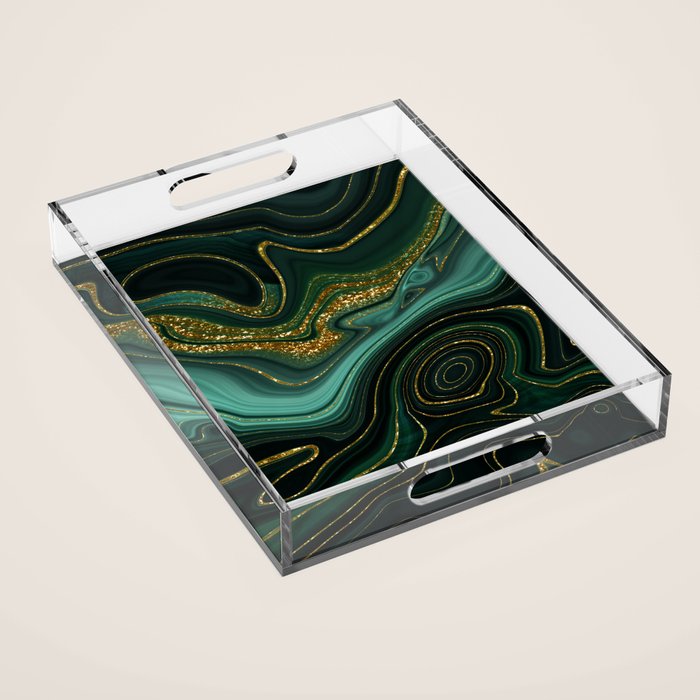 Abstract Gold Glitter Malachite Marble Landscapes Acrylic Tray Gallery Image 1