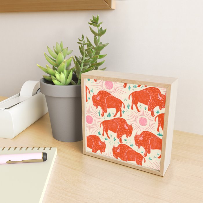 Bison - tomato red, pink, and teal, on cream Mini Art Print Gallery Image 2
