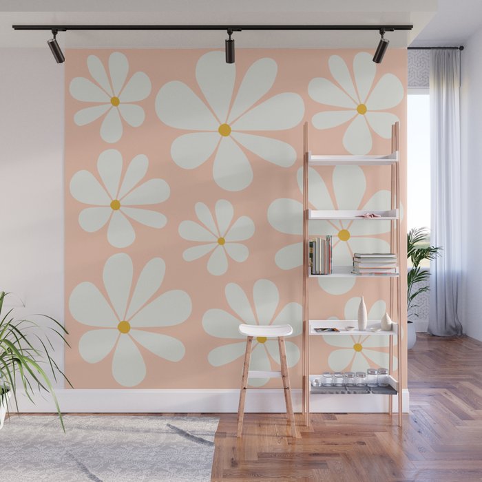 Retro Daisy Pattern - Peach Pink Wall Mural Gallery Image 1