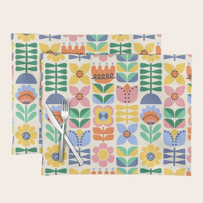 Retro Folk and Floral Colorful Pastel Flower Grid Cream Placemat Gallery Image 1