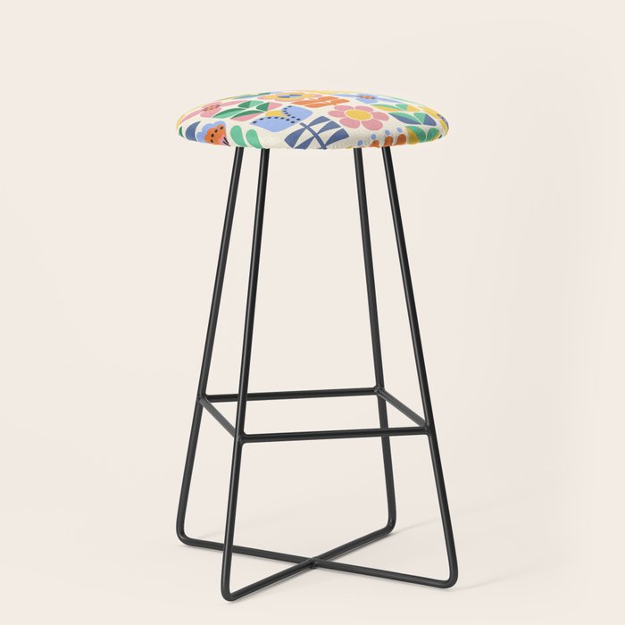 Retro Folk and Floral Colorful Pastel Flower Grid Cream Stool Gallery Image 1