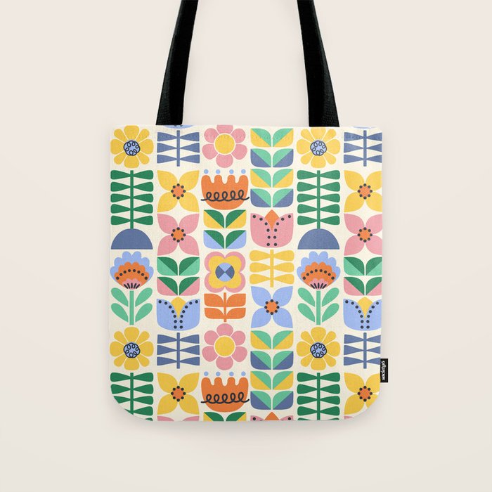 Retro Folk and Floral Colorful Pastel Flower Grid Cream Tote Bag Gallery Image 1