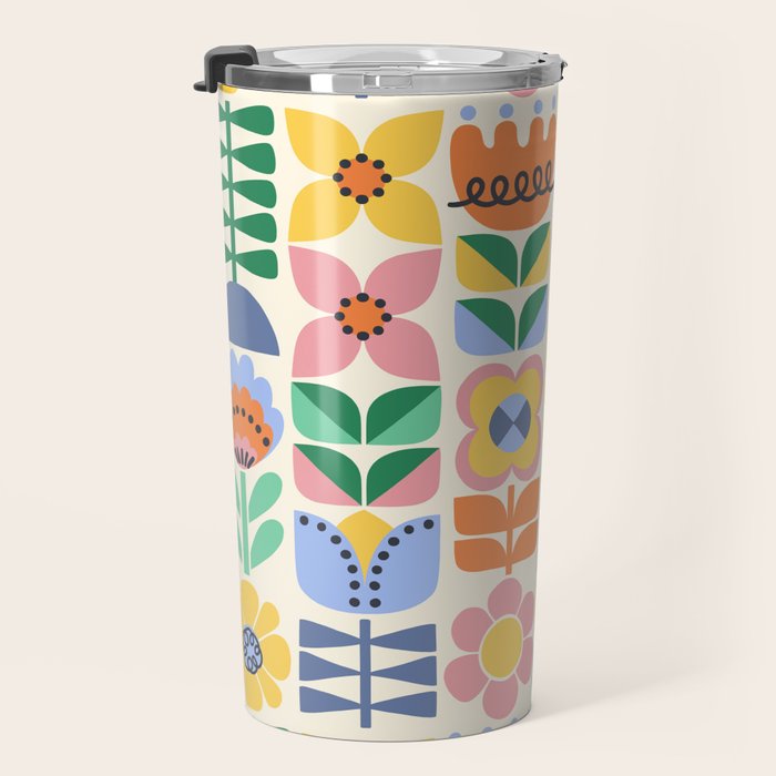 Retro Folk and Floral Colorful Pastel Flower Grid Cream Travel Mug Gallery Image 3