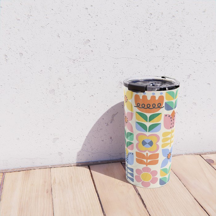 Retro Folk and Floral Colorful Pastel Flower Grid Cream Travel Mug Gallery Image 4