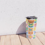 Retro Folk and Floral Colorful Pastel Flower Grid Cream Travel Mug Gallery Image 4