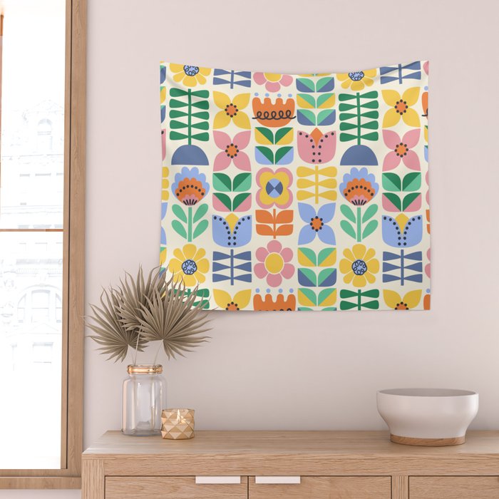 Retro Folk and Floral Colorful Pastel Flower Grid Cream Wall Tapestry Gallery Image 2