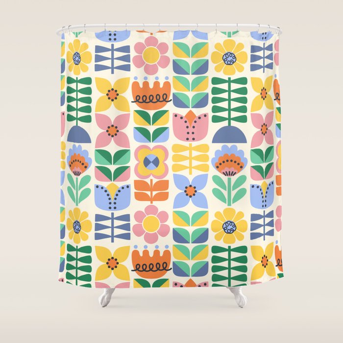Retro Folk and Floral Colorful Pastel Flower Grid Cream Shower Curtain Gallery Image 1