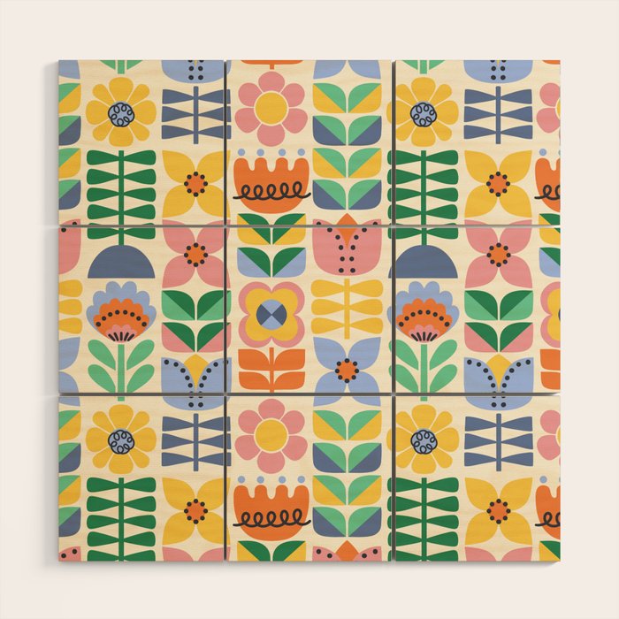 Retro Folk and Floral Colorful Pastel Flower Grid Cream Wood Wall Art Gallery Image 1