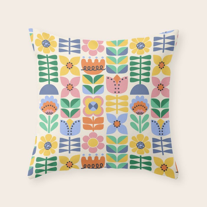 Retro Folk and Floral Colorful Pastel Flower Grid Cream Throw Pillow Gallery Image 1