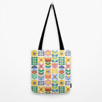 Retro Folk and Floral Colorful Pastel Flower Grid Cream Tote Bag Gallery Image 2