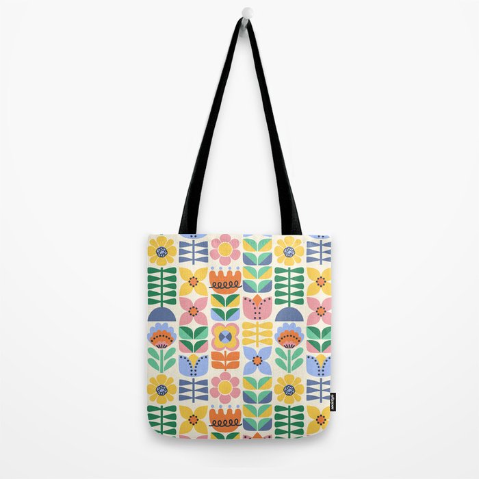 Retro Folk and Floral Colorful Pastel Flower Grid Cream Tote Bag Gallery Image 2